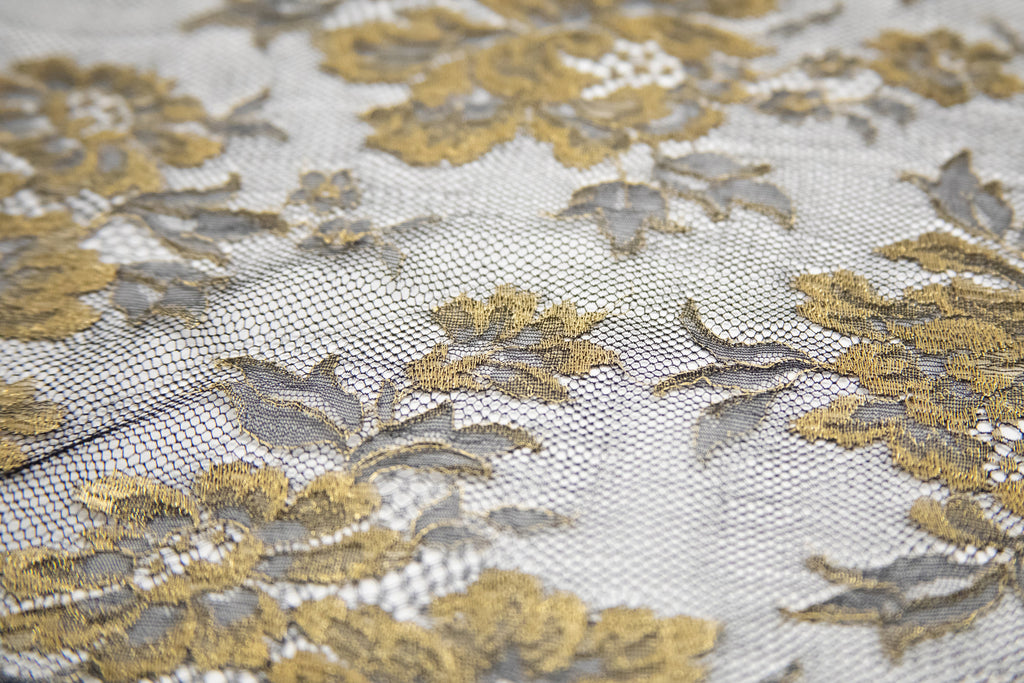 Black and Gold Metallic Lace with Floral Design, Made in France