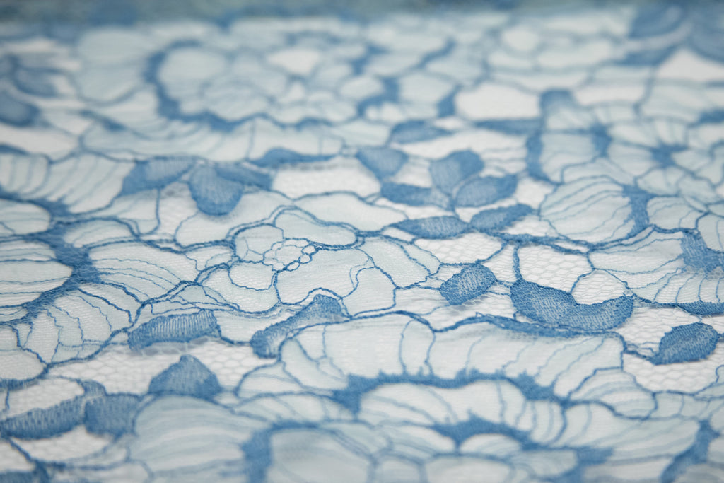 Lagoon Blue Cotton Lace with Floral Design, Made in France