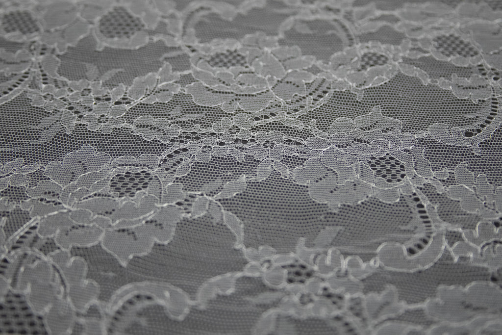 Floral Chantilly Lace in Off-White & Silver Metallic, Made in France