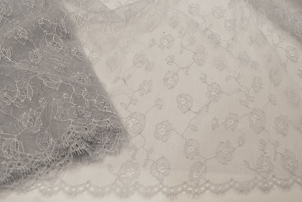 Floral Chantilly Lace in Gray, Made in France