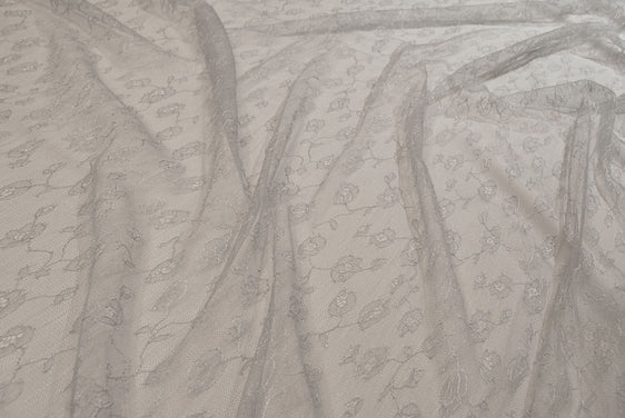 Floral Chantilly Lace in Gray, Made in France